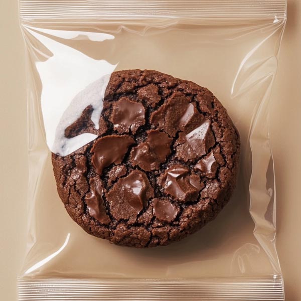 Dessert Course | a single chocolate cookie in a sustaible cellulose packaging